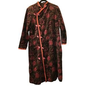 Vtg Floral Velvet Ethnic Satin Trim Jacket Long Chinese Frog Button Whimsigoth